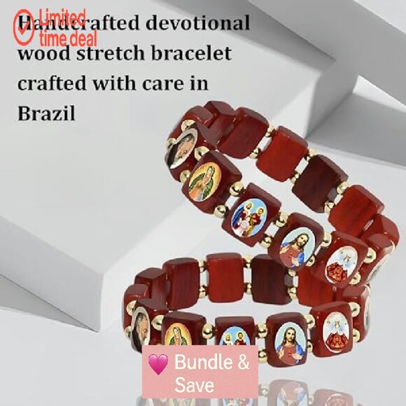 Wood Stretch Bracelet with Saints Images, Unisex Devotional Jewelry - Picture 6 of 8